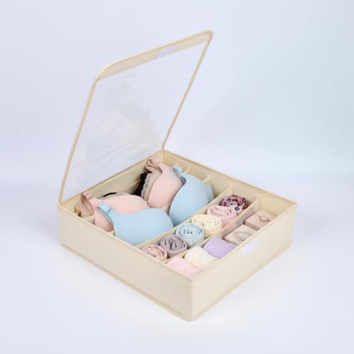 Image of House of Quirk 7 Slot Foldable Underwear and Bra Drawer Organizer, Closet, Dresser, Drawer, Organizer, Fabric Basket, Clothes, Bra, Underwear, Clothing, Divider (Beige)