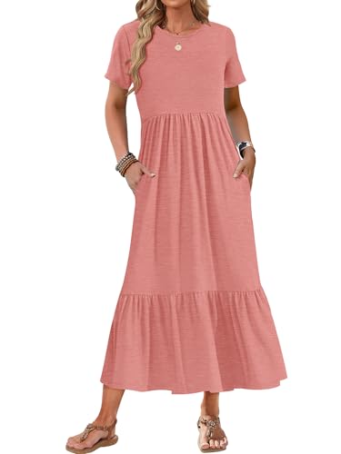 Image of AUSELILY Womens Summer Dresses 2025 Short Sleeve Maxi Dress Crewneck Casual Sundresses with Pockets