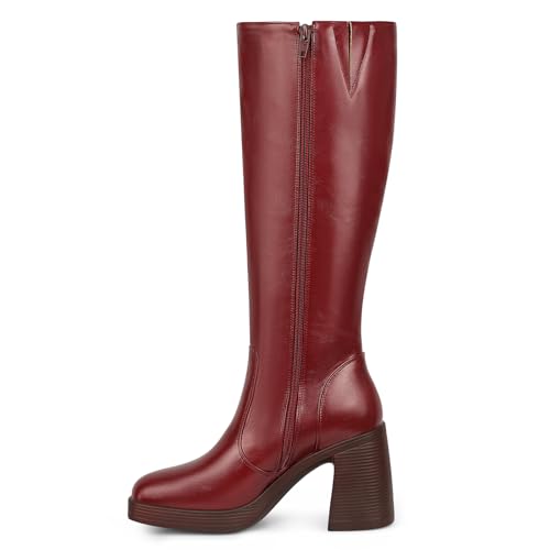 Image of SOVANYOU Black Leather Boots Platform Boots for Women Fashion Square Toe Chunky Block Heeled Boots Side Zip