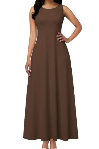 FANDEE Women's Sleeveless Crew Neck Maxi Dress with Pockets Casual Pull On Long Dress Brown