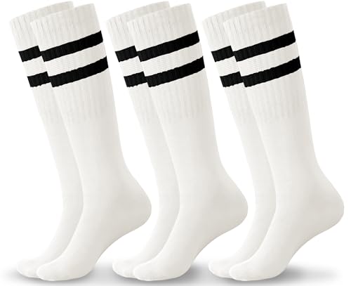 Haloumoning 3 Pairs Boys Soccer Athletic Socks Kids Striped Football Knee High Uniform Sports Tube Socks 4-15 Years