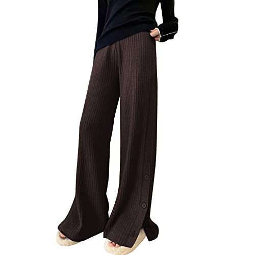 Pantalon doux pour femme en tricot côtelé fluide coupe large couleur café taille unique