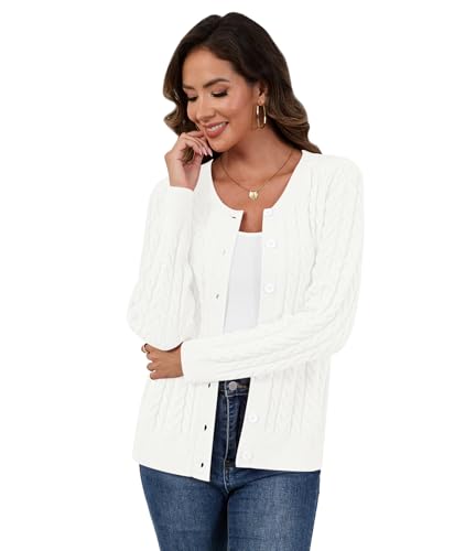 LILBETTER Womens Cable Knit Long Sleeve Crewneck Button Down Open Front Cardigan Sweater for Fall and Winter 20252