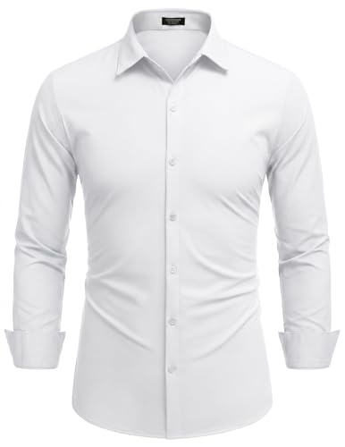 COOFANDY Camisa de hombre de manga larga elástica, corte regular, color liso, fácil de planchar, para negocios, tiempo libre, Blanco, M
