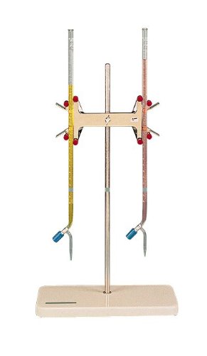 Cole-Parmer Double Buret Clamp, Nickel-Plated Zinc, with Support Stand and Rod; Holds Up to 100 ml Burets