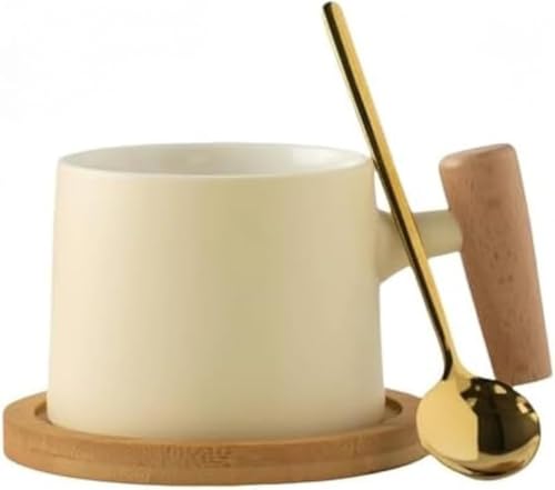 Rutexc茶こし付きマグカップ北欧デザインの木製ハンドルセラミックコーヒーカップセット(ゴールドスプーン付き)コーヒー/ミルクティー/ティーカップソーサースプーンクリエイティブカップセットシンプルなスタイル