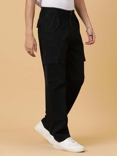 Image of KOTTY Men's Loose Fit Cargo Denim Jeans - Vintage Washed Utility Jeans with Side Pockets