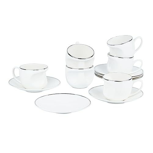 Image of Dandy Lines Face Platinum Band Cup and Saucer Set, Luxury Tea Set, Tea Cups with Saucers, Ceramic, Pack of 12, Microwave & Dishwasher Safe, Great for Hosting & Gifting
