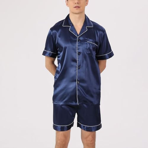 Men's Satin Pajama Set Summer Pajamas Short Sleeve Shorts Set Thin Lightweight Silky Button Down Sleepwear2