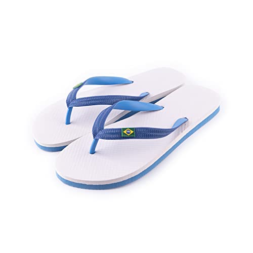 R-ISLAND Chanclas para hombre,Flip-flops,brasil logo, Adulto,Genial para casa,playa piscina. (Blanco y Azul, numeric_43)