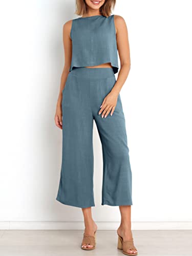 Anrabess Women'S Summer 2 Piece Outfits Sleeveless Crop Top Capri Wide Leg Pants Jumpsuit Casual Linen Lounge Matching Sets Beach Travel 2024 Trendy Clothes Gray Blue Medium thumb #3