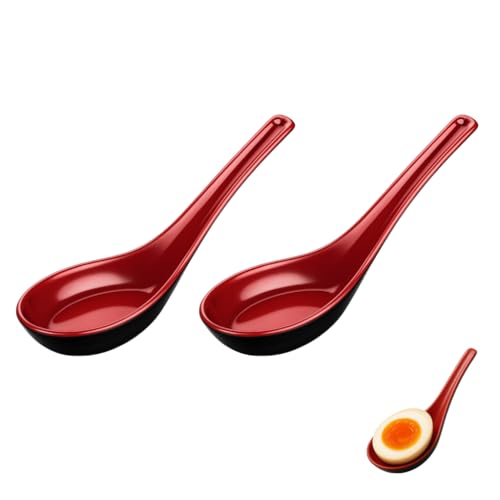 JapanBargain 2384 Melamine Soup Spoons, Set of 2, Red/Black Japanese Ramen Pho Wonton Style Utensils
