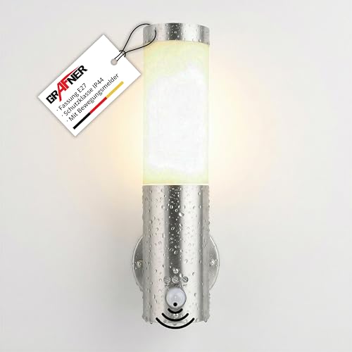 Grafner Design Edelstahl Wandlampe mit Bewegungsmelder und 1x E27 Fassung, IP44 Wand Außenleuchte, 360° rundum Lichtschein, für außen und innen, Wandleuchte Lampen Außen Hoflampe PIR Fackel