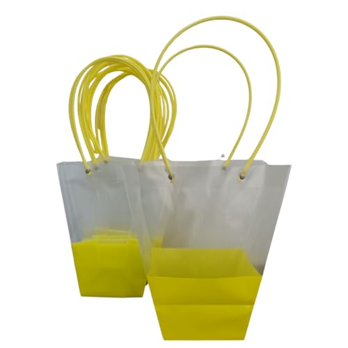Image of Oasis Pack Of 10 Multipurpose Medium Size Waterproof Bags With Handles For Floral Arrangement - Retail ,Bulk, Florist Supply, Gift Hamper Bags For Rakhi, Birthday, Diwali, House Warming, Party Favour | 26 cm X 24cm X 12cm - Transparent Dual Color Yellow