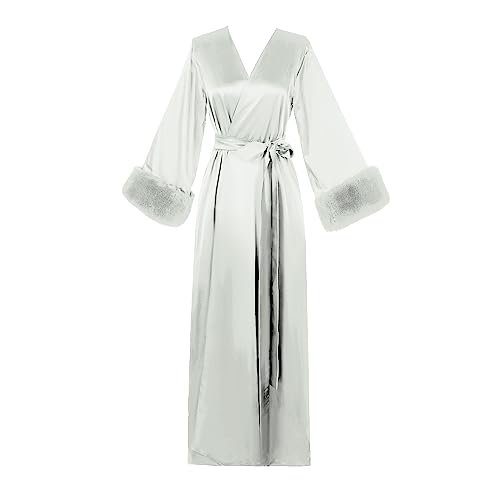 Women's Silk Satin Bridal Dressing Gown Sexy Lingerie Sleepwear Feather Bridal Robes for Women