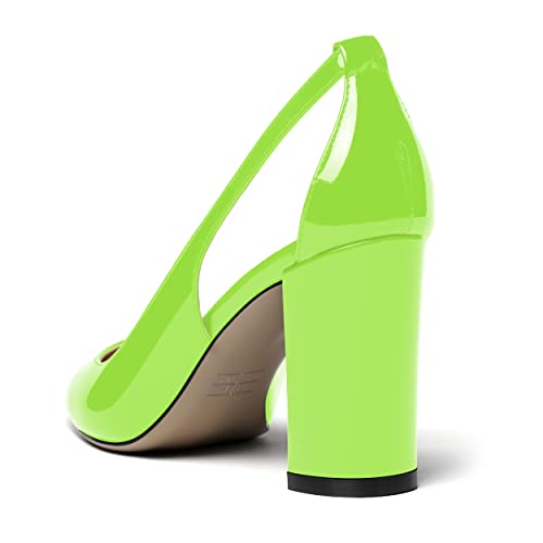 MERRORI Women's Pumps Chunky High Heel Pumps Pointed Toe Cut Out Heels Block Patent Slip On Shoes 3.3 Inch 7