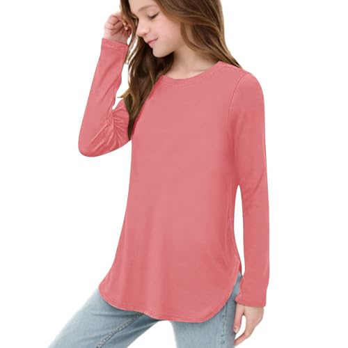 Girls Long Sleeve Curve Hem Tunic Tops Crewneck Soft Shirts Side Slit Tee Loose Shirt Blouses Personalized Clothing