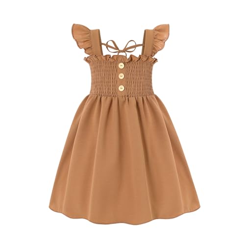 JEELLIGULAR Toddler Dress Ruffle Sleeveless Button Down Denim Dress for Toddler Girl Dress Summer Beach Casual A-line Sundress(Brown Coffee 6-7 Years)