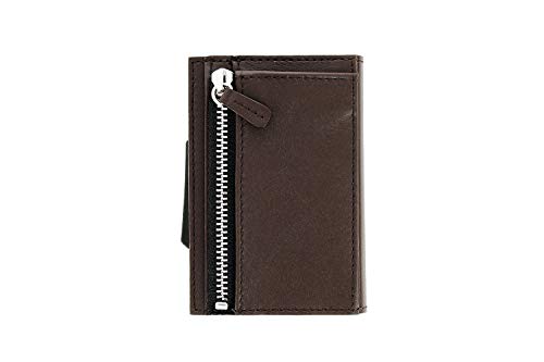 Ögon Smart Wallets - Cascade Zipper Snap Cartera Tarjetero - Protección RFID: Protege Tus Tarjetas de Robar - hasta 8 Tarjetas + Recetas + Notas - Aluminio y Cuero (Marròn)