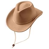 DRESHOW Cowboyhut Kinder Jungen Mädchen Fedora Hut Western mit Schnalle Gürtel Retro Panama Hüte mit Wind Lanyard Unisex Aufgerollte Mützen 4-12 Jahre
