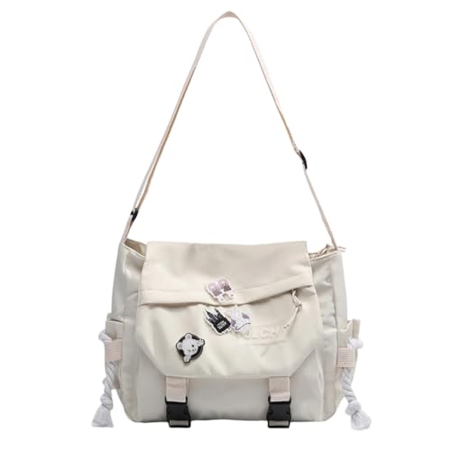 CHENXIAOHONG Bolsa mensageiro feminina grande com alça transversal, estilo escolar, com patches e opção com ursinho – bolsa de ombro espaçosa para faculdade e dia a dia.(Branco mais emblema)