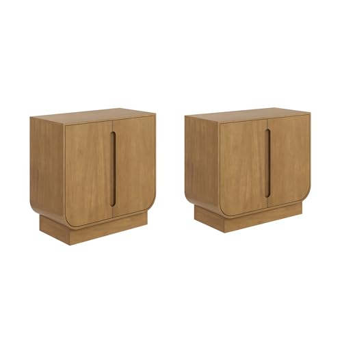 Image of Nathan James Joey Mid Century Modern Storage Cabinet, Arched Accent Cabinet with Rounded Bottom Edges and Integrated Door Pull Cutouts, Light Brown Set of 2