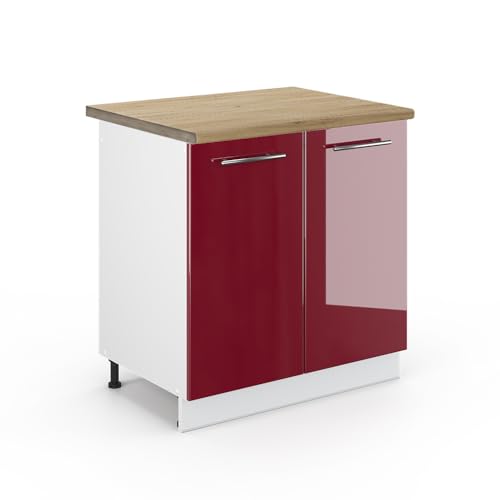 Vicco Meuble Bas sous-évier Fame-Line, Rouge Bordeaux Haute Brillance, 80cm, PT Chêne, à Combiner avec d'autres modules de la série Fame-Line