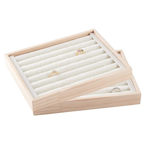 nbeads 2 Pcs Présentoir de bagues en bois, 7 Fentes Anneau Bague Boucle D'Oreille Affichage Support Présentoir Bijoux en Bois en Velours Insérer Présentoirs de Boucles D'Oreilles en Bois, 18x24x3.15cm