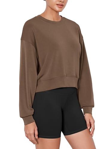 ODODOS Modal Soft Long Sleeve Cropped Sweatshirts for Women Oversized Crew Neck Pullover Crop Top, Nutria, Medium