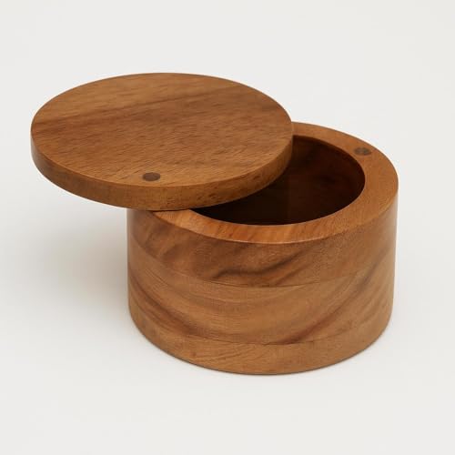 ARNCRAFT Caja de sal de madera de acacia con cubierta giratoria, contenedor de almacenamiento de especias para encimera, color marrón