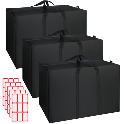 taonganui 3 Stück 115L Aufbewahrungstasche, Schwarz Unterbett Aufbewahrungsbox Mit 5 Stück Selbstklebende Etikettenaufkleber, Aufbewahrungstasche für Bettdecken Kissen Decke Bettwäsche (80x29x48cm)