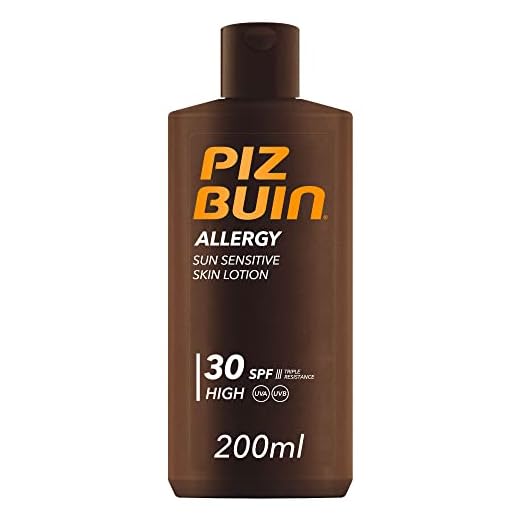 PIZ BUIN Allergy Sun Sensitive Skin Lotion FPS 30 (200 ml), protector solar corporal con FP30, protección solar alta para pieles sensibles, loción corporal con filtros UVA/UVB