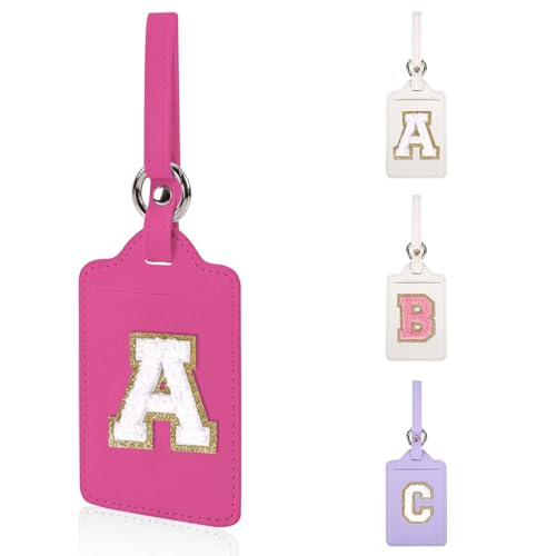 Personalized Initial Luggage Tags for Suitcases, Leather Chenille Letter Cute Luggage Tags with Privacy Name Card, Embroidered Travel Bag Backpack Tag Gifts for Women Kids Girls Teens(Rosered-A)
