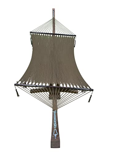 14 Ft. Wooden Arc Hammock Stand + Deluxe Hand Woven Bohemian Chic Rope Hammock Bed. 2 Person Bed. 450 LB Capacity(Teak Stain/Brown)