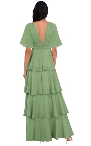 Tiered Bridesmaid Dresses for Women with Sleeves Chiffon V Neck Short Sleeves A-line Long Formal Dress2