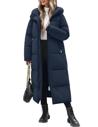 Vancavoo Wintermäntel Damen Lang Winterjacke Winter Daunenmantel Warm Steppmantel Jacke Mäntel Winterparka Daunenjacke mit Kapuze,Marineblau,L