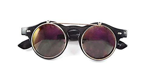 Ultra Black Frame Purple Mirrored Flip Up Round Steampunk Sunglasses Steampunk Goggles Retro Mens Womens UV400 Cyber Gothic Circle Glasses Aesthetic Circle Sunglasses Steampunk Accessories steampunk buy now online