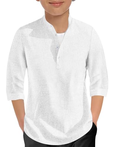 Sunborui Boys 3/4 Sleeve Linen Henley Shirts Summer Button Up Dress Shirts Casual Lightweight Tees Tops