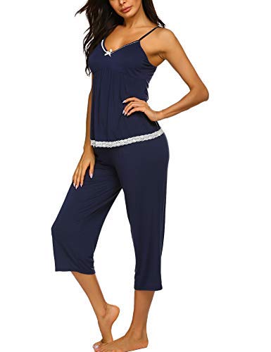 Ekouaer Womens V-Neck Cami And Capri Pajamas Pants Set Sexy Nightwear Navy Blue S #TOP3