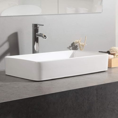 Image of SEA SHORE White Imported Ceramic Table Top Wash Basin - Slim Rim Vessel Sink for Bathroom & Living Room | 24 x 14 x 5 Inch (Florance White)