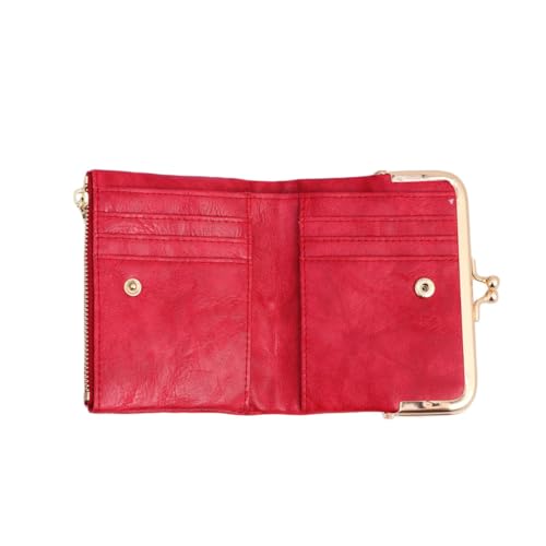 Monedero pequeño de PU rojo texturizado con acabados retro y costuras reforzadas