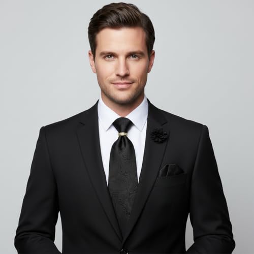 Image of 5PCS Tie and Pocket Square for Men, Silk Necktie and Handkerchief Cufflinks with Gold Ring and Lapel Pin Set