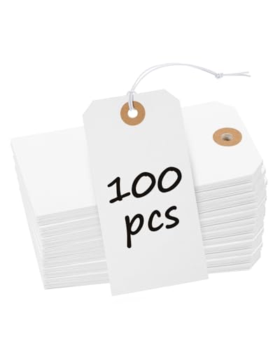 Uniclife 100 Pcs White Blank Shipping Tags - Elastic String Attached Cardstock Paper Hang Tags with Reinforced Eyelet - 12 cm x 6 cm