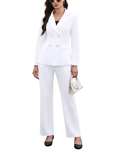 White Pants Suit for Women 2 Piece Business Casual Outfits Blazer Wide Leg Pants Matching Dressy Formal Suit Sets White S