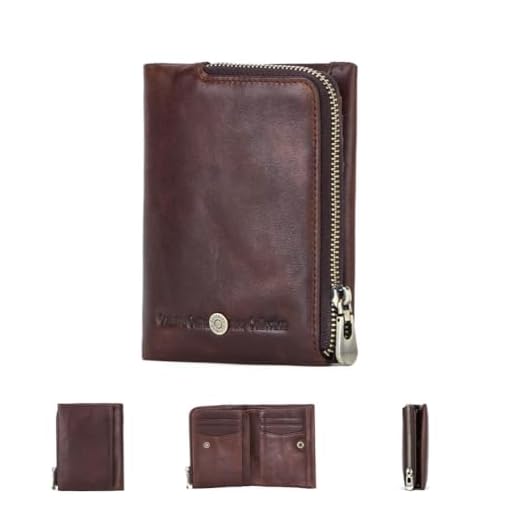 CONTACTS Carteira Minimalista de Couro Legítimo Encerado - Porta Cartões com Zíper Duplo, Proteção RFID e 10 Slots - Antifurto e Antiferrugem - Presente Masculino (11x9.5x1.5cm) - Marrom