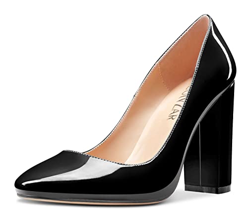 HEUIVZAR Women Pumps Pointed Toe Block Chunky High Heel Slip-on Dress Shoes Patent 4 Inch