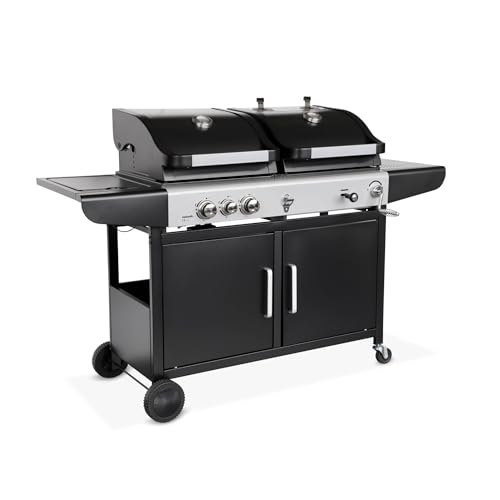 Alice's Garden - Barbecue 2 en 1 gaz et charbon - Marsac Noir - 3 brûleurs + 1 feu latéral. grilles en fonte. thermomètres