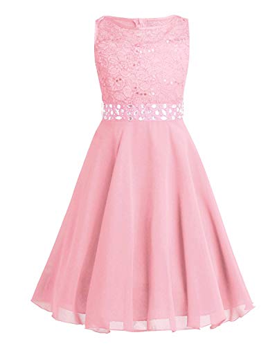 TiaoBug Enfant Fille Dentelle Robe Princesse Soirée Cérémonie Longue Robe Demoiselle d'honneur Mariage Robe sans Manche Dos Cœur Robe Mariage Mariée Blanche Robe 2-12 Ans (12 Ans, A Rose Perle)