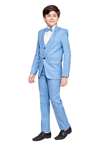 Image of Boys Blue Checked Coat Suit Set with Waistcoat Shirt and Trousers (9095B)