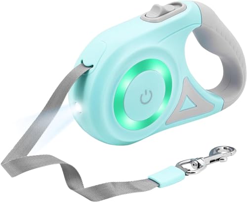 MoYouno 5 m Einziehbare Hundeleine,Strapazierfähige Hundeleine,Automatisch Ausziehbar, Für kleine,Mittelgroße und Große Hunderassen bis zu 5 m 30 kg,Ausziehbare Hundeleine mit LED-Lichtern(Mintgrün)
